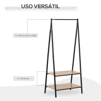 HOMCOM Perchero de Ropa Perchero de Pie con 2 Estantes de Almacenamiento Barra para Colgar y Marco de Acero 64x42,5x149cm Negro(m-4)