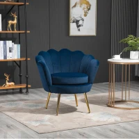 HOMCOM Fauteuil salon fauteuil en velours fauteuil coquillage avec pieds en métal doré pour chambre à coucher, bleu(m-2)