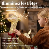Outsunny Renne et traîneau lumineux, décoration de Noël extérieure, 95 LED blanc chaud, 8 modes, minuterie quotidienne(m-5)