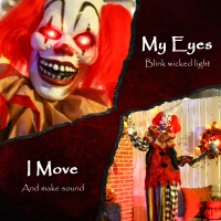 Outsunny 173 cm Life Size Halloween Animated Standing Clown & Hammer with Red Light Up Eyes, Sound Activated Moving Arms & Head, Scary Clown Halloween Decorations, Battery Operated, Indoor Party Props(m-4)