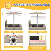 Outsunny Bac à sable carré en bois pour enfants avec bancs toit réglable tableau et jeux  114 x 113 x 110 cm gris(m-5)