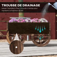 Outsunny Chariot à fleurs en bois avec roues et poignée, bac à fleurs, brouette avec trous de drainage, 120 x 41 x 54 cm, marron(m-5)