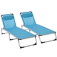 Outsunny Foldable Outdoor Sun Loungers Set of 2, Reclining Lounge Chair Camping Bed Cot with Pillow 4-Level Adjustable Back Aluminium Frame, Blue(m-1)