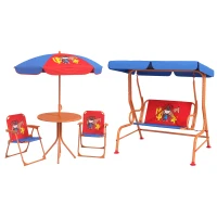 Outsunny 4 Piece Kids Garden Furniture Set with Adjustable Canopy, Cowboy Themed, Kids Garden Table and Chair Set and Double Seat Swing Chair for Patio Park Porch, for Ages 3-6 Years - Red and Blue(m-11)
