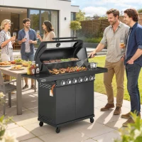 Outsunny 6+1 Burner Gas BBQ Grill, Outdoor Barbecue Trolley with Wheels, Warming Rack, Thermometer, Bottle Opener, Black(m-10)