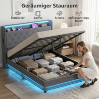 HOMCOM Bettgestell 140 x 200 cm mit Kopf- und Fußteil, Plattformbett mit hydraulischem Stauraum, LED-Lichtern(m-4)
