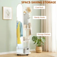 HOMCOM 2-in-1 Full Length Mirror with Storage Shelves, Floor Mirror with 4 Wheels, Coat Rack, Hooks, White(m-5)