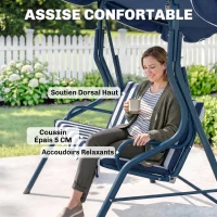 Outsunny Balancelle de Jardin 3 Places Toit imperméabilisé Inclinaison réglable Coussins Assise Dossier Bleu Blanc rayé(m-7)