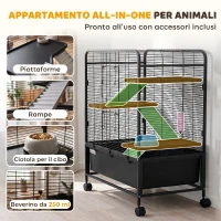 PawHut Gabbia per Conigli in Acciaio a 4 Livelli con Piattaforme, Rampe, Ruote, Serbatoio Acqua e Vassoio Rimovibile, Nero(m-8)
