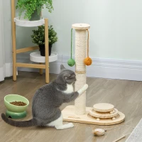 PawHut Poste Rascador para Gatos Altura 56,5 cm con 3 Bolas Colgantes Juguete de Pelota de Pista Madera Natural(m-10)