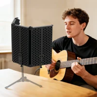 HOMCOM Studio Microphone Isolation Shield, Foldable Adjustable Recording Studio Equipment, 3-Panel High Density Absorbent Foam Shield with 3/8" Threaded Mount, Black(m-8)