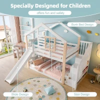 Modern Minimalist Kids Bunk Bed with Slide and Storage Stairs, Solid Wood House Bed for Siblings and Sleepovers, 194L x 90W x 206H cm, White(m-7)