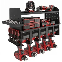 Outsunny Gartenwerkzeug-Organizer 2-stufig Gartengeräte Ständer mit Haken Seitenfach bis 50 kg 61,8 x 23 x 32,7cm Schwarz(m-12)