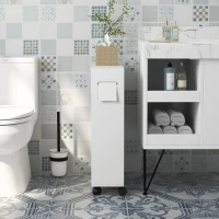 kleankin Armario de Baño Mueble Auxiliar con 4 Ruedas 2 Agujeros para Papel 2 Armarios y Estantes Ajustables 52x17x67 cm Blanco(m-8)