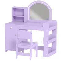 AIYAPLAY Kids Vanity Table and Chair Set, Kids Vanity Table with 2-Colour LED Mirror, Stool, Cabinet, Drawer, Shelves, Purple(m-15)