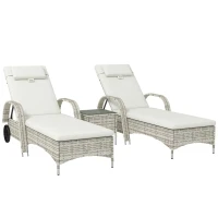 Outsunny Lot de 2 transats bains de soleil : matelas, têtière, inclinaison réglable roulettes + table basse verre trempé crème(m-1)