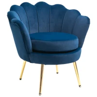 HOMCOM Fauteuil salon fauteuil en velours fauteuil coquillage avec pieds en métal doré pour chambre à coucher, bleu(m-1)