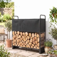 Outsunny Suporte para Lenha Interior e Exterior em Aço Galvanizado com Capa e Bolsa em Oxford 600D, Capacidade 300 kg, Preto(m-2)