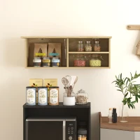 HOMCOM Mobiletto Bagno Pensile con Anta a Ribalta e Ripiani, 80x25x30 cm, Legno Naturale(m-8)