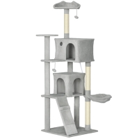 PawHut Árbol Rascador para Gatos 180 cm con Plataformas Cama 2 Cuevas Hamaca Escalera Postes de Sisal Gris Claro