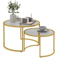 HOMCOM Lot de 2 tables basses gigognes rondes plateau verre trempé et pied en acier au carbone doré(m-12)