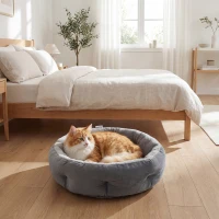 PawHut Cat Bed, Reversible Dog Pet Bed for Indoor Cats and Small Dogs, Round Bed with Supportive Bolster, Dark Grey(m-10)