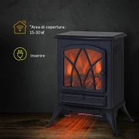 HOMCOM Camino Elettrico con Effetto Fiamma Stile Retrò, Termostato 1000-2000W e Luce Regolabile, Nero(m-4)