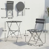 Outsunny Ensemble de Bistrot Jardin 3 Pièces Table et 2 Chaises Pliantes avec Double Protection Anti-Rouille Métal Gris(m-3)