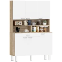 HOMCOM Buffet haut cuisine, armoire de cuisine, 6 portes, tiroir et étagères ouvertes, 120x40x175cm, blanc et bois naturel(m-12)