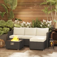 Outsunny Five Piece Rattan Garden Furniture Set with Gas Fire Pit Table and Footstool - Black and Cream White(m-10)