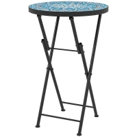 Outsunny Mosaik-Gartentisch, Faltbarer runder Terrassentisch mit Metallrahmen und Keramik-Tischplatte, Mosaik-Muster, Blau(m-1)