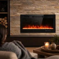 HOMCOM Camino Elettrico da Incasso o a Parete con Temperatura Regolabile, in Acciaio e Vetro, 91.4x9.4x47 cm, Nero(m-2)