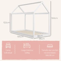 HOMCOM Cama Individual de 90x190 cm Somier de Madera en Forma de Casa Carga 120 kg para Dormitorio Blanco(m-3)