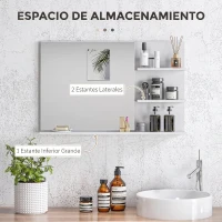 kleankin Espejo de Baño de Pared con 2 Estantes Laterales y Estante Inferior para Entrada Pasillo 75x10x48 cm Blanco(m-4)