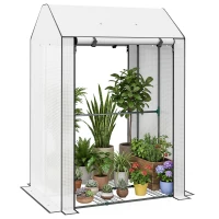 Outsunny Mini Greenhouse with 4 Wire Shelves Portable Garden Grow House Upgraded Tomato Greenhouse for Plants with Roll Up Door and Vents, 100 x 80 x 150cm, White(m-11)