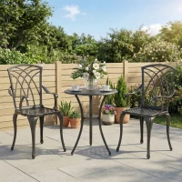 Outsunny 3 Pieces Garden Dining Set for 2, Cast Aluminium Outdoor Dining Set with 2 Armchairs and Round Dining Table with Parasol Hole, Garden Furniture Bistro Set, Brown(m-2)