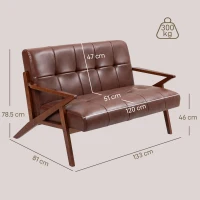 HOMCOM Compact 2 Seater Sofa, Vintage Tufted Loveseat Sofa with Solid Wood Legs, PU Leather Small Couch Settee for Living Room, Bedroom, Home Office, 133 x 81 x 78.5 cm, Brown(m-3)