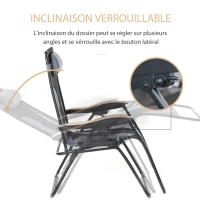 Outsunny Chaise Longue Pliable zéro gravité Dossier réglable Tablette tétière métal époxy Polyester Coton Gris Noir(m-6)