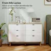 HOMCOM Comodă cu 6 Sertare din Lemn pentru Dormitor, 110x40x75 cm, Alb Lucios și Stejar(m-5)
