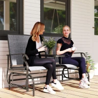 Outsunny 2 Seats Garden Glider Bench, Metal Frame Loveseat with Glass Top  Centre Table, Porch Rocking Glider for 2 Person, for Deck, Patio, Brown/ Grey(m-2)
