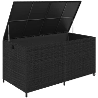 Outsunny 650L Garden Storage Box with 2 Wheels, Rattan Deck Box with Waterproof Zipped Liner, Safe Pneumatic Rods, Black(m-1)