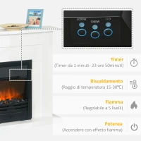 HOMCOM Camino Elettrico 1000W e 2000W, Effetto Fiamma con LED a 5 Livelli, Caminetto Elettrico con Telecomando, Timer, Protezione da Surriscaldamento, Termostato, 102x30x95cm, Bianco(m-5)