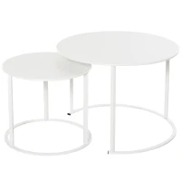 Outsunny Juego de 2 Mesas de Café Ø70x50 cm y Φ50x43 cm Mesitas Auxiliares Redondas de Metal para Jardín Salón Domitorio Carga Máxima de 25 kg Blanco(m-1)