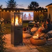 Outsunny Estufa de Gas para Terraza 13 kW con Encendido Piezoeléctrico Antivuelco 4 Ruedas Vidrio Templado Piedras de Lava Negro(m-8)