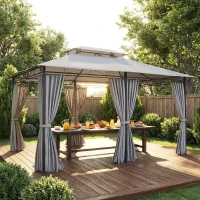 Outsunny Cenador para Jardín 3x4 m Pabellón de Jardín Gazebo con Doble Techo 6 Paredes Laterales Estructura Metálica Gris Oscuro(m-9)