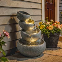 Outsunny 4-Tier Water Fountain Outdoor, Garden Water Feature with LED Lights and Pump, Freestanding Resin Waterfall for Patio(m-10)