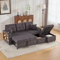 Modern Corduroy Sofa Bed with Pull-Out Bed, Storage and LED Lighting, Plush Sleeper Couch for Living Rooms, 196L × 82W × 85H cm, Dark Gray(m-11)