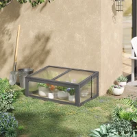 Outsunny Wooden Cold Frame, Small Polycarbonate Greenhouse for Plants with Openable & Tilted Top Cover, Grey, 100 x 65 x 40cm(m-2)