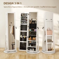 HOMCOM Specchio Portagioie 3 in 1 Girevole a 360°, Ripiani Posteriori e Anta con Chiave, 55x55x161 cm, Bianco(m-3)