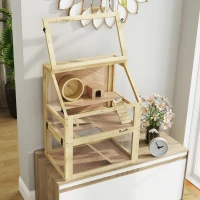 PawHut Cage Hamster Rongeur à 3 Niveaux, Fond Amovible, Cabane, Balançoire, 60x40x75cm, Finition Bois Naturel(m-9)